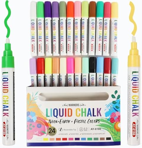 Chalk Markers, 24 Color Liquid Chalk Marker, Erasable Washable Bold Vivid Reversible Tip for Blackboard Chalkboard Window Poster Markers Yuliyaya