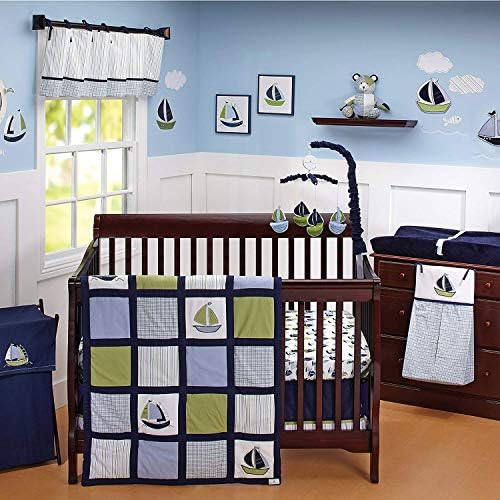 Nautica Kids Zachary 7-Piece Patchwork Sailboats Nursery Crib Bedding Set, Navy/Sage/Light Blue/White Nautica