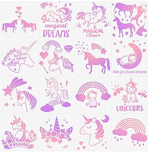 Zonon 16 Pcs Unicorn Stencils Painting Reusable Templates Unicorn Pattern Craft Stencils for DIY Scrapbooking Drawing Furniture Wall Floor Decors, 7.9 x 7.9 Inches Zonon