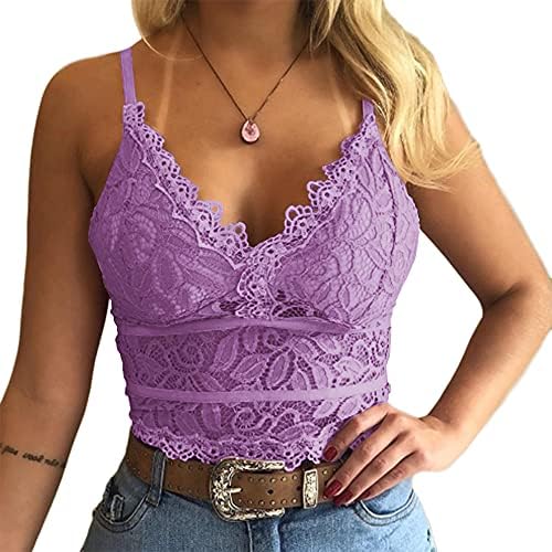 Koinshha Women's Soft Casual Lace Crochet Spaghetti Strap Cami Crop Top Camisole Purple Koinshha