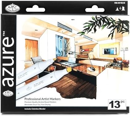 Royal & Langnickel Azure, 13pc Dual-Tip, Alcohol Based Marker Set, Includes - 12 Markers & 1 Blender, Basic Colors Royal & Langnickel