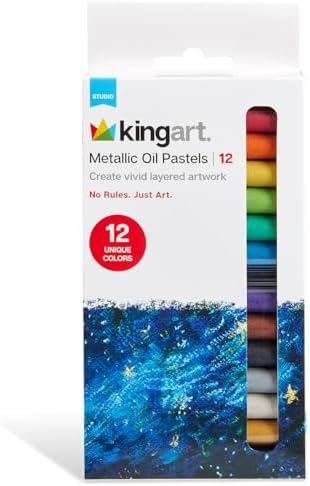 KINGART 181-12 Studio METALLIC OIL PASTELS, Set of 12 Round Sticks (2.3" x 0.3"), Vibrant, Shimmering Colors for Paper, Canvas, Wood, Non-Toxic, 12 Colors Kingart