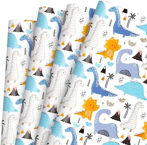 JarThenaAMCS 6 Sheet Dinosaur Wrapping Paper -Not Roll- Funny Gift Wrap Paper Cute Cartoon DIY Craft Art Paper for Baby Shower Birthday Festival Holiday Party, 19.7 x 27.6 Inch, Folded Flat JarThenaAMCS