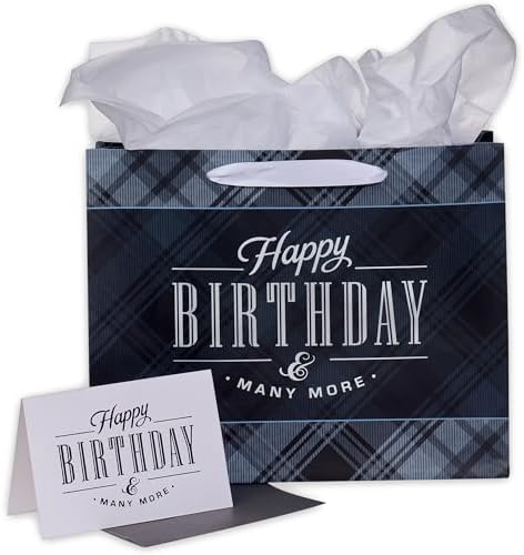 Christian Art Gifts Landscape Gift Bag with Card and Tissue Paper Set - Happy Birthday and Many More, Black and Navy Blue Plaid, Large Christian Art Gifts