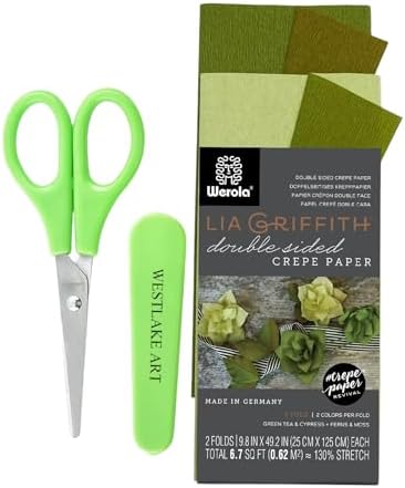 westlake art Double Sided Crepe Paper, 23 Lbs., Green Tea & Cypress/Fern Moss - Bundled with Paper Scissors, High-Quality Craft Roll Green Paper, 6.7 Sq Ft for DIY Projects, Eco-Friendly [Pack of 1] Westlake art