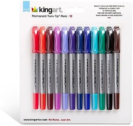 KINGART Studio Permanent Fine & Ultra Fine Point Twin-Tip Pens, Set of 12 Unique & Vivid Colors Kingart