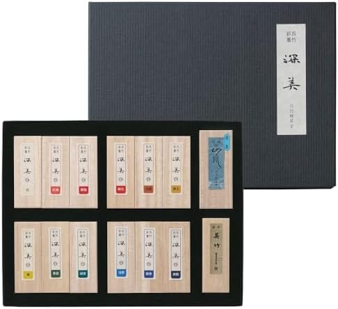 Kuretake SAIBOKU SHIMBI 12 Colors and 2 Black Sumi Ink Stick Set, Japanese Traditional Calligraphy and Painting, for Lettering, Drawing, Shodo, Made in Japan Kuretake