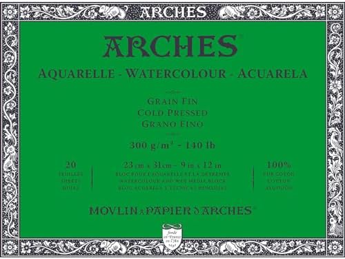 Arches Aquarelle Watercolor Block, Cold Pressed, 140lb/300gsm, 20 Sheet, 9x12 inch, Watercolor Paper 100% Cotton Arches