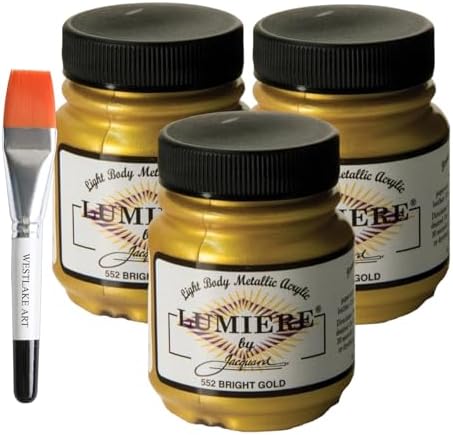 Jacquard Lumiere Bright Gold Metallic Paint, 552-2.25 Oz Luxurious Pearlescent Shine For Crafts & Decor, Bundle With Watercolor Paint Brush, Vibrant & Light-Reflective (Pack of 3) Westlake art