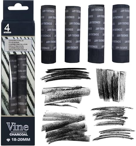 Vine Charcoal Sticks, 18-20 MM Jumbo Vine Charcoal Pencils for Artists, Beginners, 4 Pcs Natural Charcoal Stick for Sketching, Drawing, and Shading Dlicoda