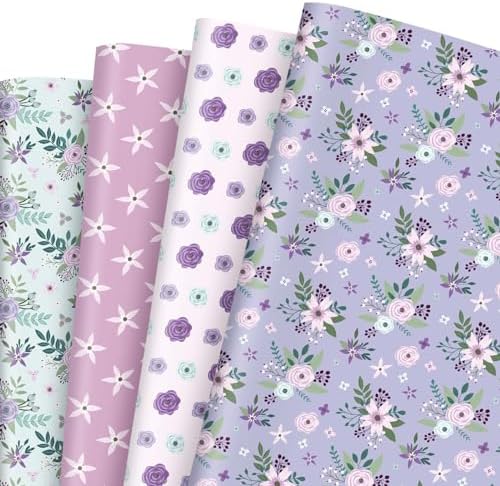 JarThenaAMCS Spring Lavender Floral Wrapping Paper - Not Roll - Purple Flower Gift Wrap Paper Folded Flat Assorted DIY Craft Art Paper for Wedding Birthday Baby Shower Party Supplies, 8 Sheets JarThenaAMCS