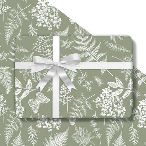 JarThenaAMCS Botanical Wrapping Paper - Mini Roll - 17 In x 32.8 Ft Sage Green Plant Leaves Gift Wrap Paper for DIY Art Crafts Wedding Birthday Holiday Party Supplies JarThenaAMCS