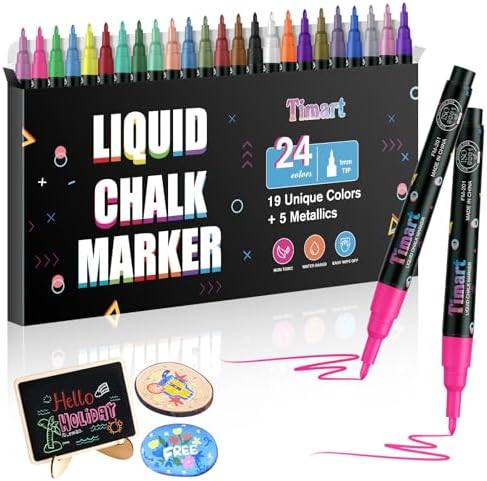 Timart Liquid Chalk Markers (24 Pack 1mm Point), Fine Tip Chalk Markers for Blackboard- Erasable Chalkboard Markers Pens for Window, Glass, Bistro, Cars, Signs, Non-Toxic with 5 Metallic Colors Timart