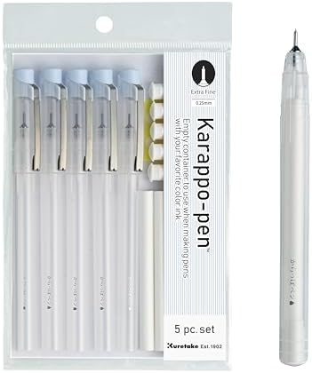 Kuretake Karappo Pen, 0.25mm Extra Fine tip 5pcs set, Empty refillable ink pen, for lettering, calligraphy, illustration, drawing, Made in Japan Kuretake