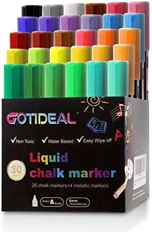 GOTIDEAL Liquid Chalk Markers, 30 colors Premium Window Chalkboard Neon Pens, Including 4 Metallic Colors, Painting and Drawing for Kids and Adults, Bistro & Restaurant, Wet Erase - Reversible Tip GOTIDEAL