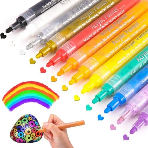 Dyvicl Acrylic Paint Pens for Rock Painting, Wood, Canvas, Fabric, Stone, Glass, Ceramic, Metal, Plastic, DIY Crafts Making Art Supplies, Set of 12 Colors Medium Tip Paint Markers for Kids and Adults Dyvicl