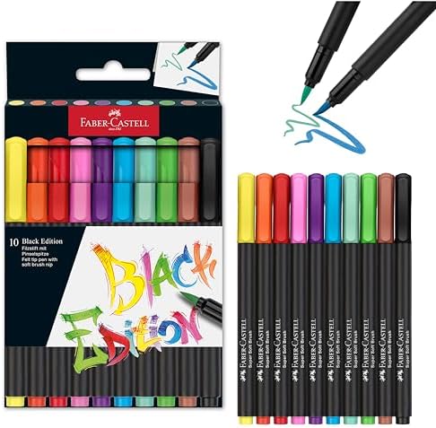 Faber-Castell Black Edition Felt Tip Pen with Soft Brush Nib: 10 Colors - Brush Tip Markers for Adult Coloring, Lettering, and Drawing, Calligraphy Brush Pen for Artists Faber-Castell