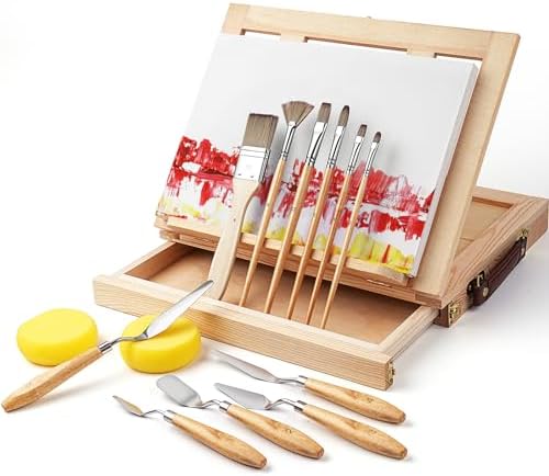 Portable Wooden Tabletop Art Easel for Painting Canvases, Fuumuui Sketchbox Easel with Paint Brushes Knives Sponges for Painting, Drawing and Sketching, for Artists Beginners & Student Fuumuui