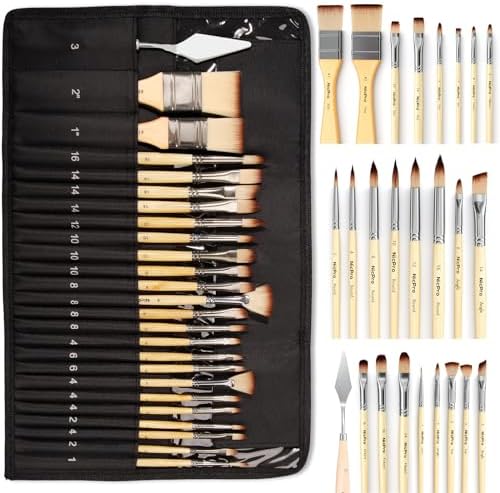 Nicpro 26pcs Paint Brush Set, Professional Paintbrushes with Palette Knife, Craft Paint Brushes for Acrylic Painting, Oil, Watercolor, Gouache & Canvas, Drawing & Art Supplies for Adults, Kids Artists Nicpro