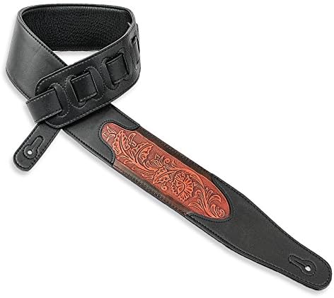 Walker & Williams CVG-111 Black Padded Guitar Strap With Hand Tooled Leather Oak Leaves For Acoustic, Electric, And Bass Guitars Walker & Williams