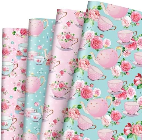 JarThenaAMCS 8 Sheet Tea Party Wrapping Paper -Not Roll- Watercolor Pink Floral Teapot Gift Wrap Paper Folded Flat Art Paper for DIY Crafts Gift Wrapping JarThenaAMCS