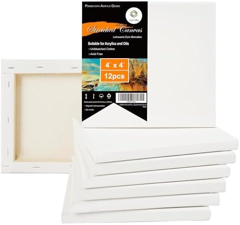 CONDA Mini Stretched Canvas for Painting, 3x3 Inch 24 Packs of Small Canvases for Kids and Art Supplies, 100% Cotton Primed Canvas, 2/5 Inch Profile Value Bulk Pack for Acrylics, Oils Painting Conda