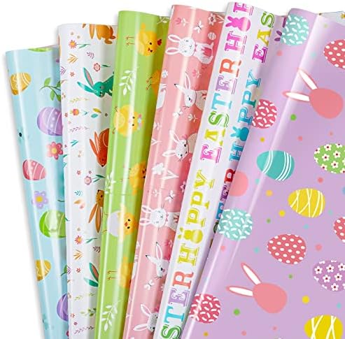 Whaline 12 Sheet Easter Wrapping Paper 6 Design Easter Egg Bunny Rabbit Colorful Gift Wrapping Paper 27.6×19.7in Cartoon Pastel DIY Craft Art Paper for Spring Holiday Birthday Baby Shower Party Whaline