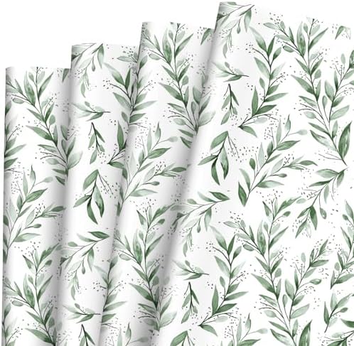 JarThenaAMCS Greenery Wrapping Paper -Not Roll- Watercolor Green Leaves Gift Wrap Paper Bulk Folded Flat Spring Art Paper for Birthday Wedding DIY Crafts, 6 Sheet, 19.7 x 27.6 Inch JarThenaAMCS