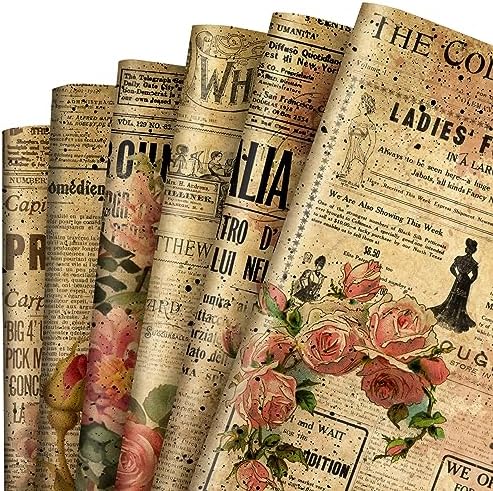 JarThenaAMCS 12 Sheets Vintage Wrapping Paper - Not Roll - Rose Floral Old Newspaper Style Gift Wrap Paper Folded Flat Retro Art Paper for DIY Crafts, 19.7 x 27.6 Inch JarThenaAMCS