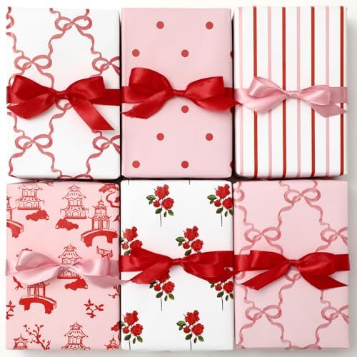 JarThenaAMCS 12 Sheet Bow Wrapping Paper -Not Roll- Red Pink Flower Dot Stripe Valentine's Day Gift Wrap Art Paper for Wedding Bridal Shower Anniversary, Folded Flat, 19.7 x 27.6 Inch JarThenaAMCS