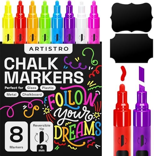 ARTISTRO Liquid Chalk Markers Pre-Activated, Liquid Chalk Markers Erasable Chalk Markers for Glass or First Day of School Sign, Chalkboard Markers with White Chalk for Kids & Adults (Fine Tip, 8) ARTISTRO