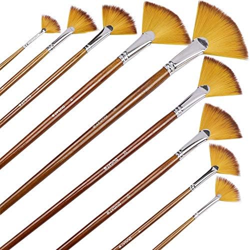 Artist Fan Paint Brushes Set 9pcs - Soft Anti-Shedding Nylon Hair Wood Long Handle Paint Brush Set for Acrylic Watercolor Oil Gouche Painting DUGATO