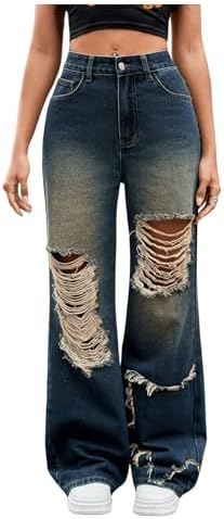 Women's Ripped Denim Pants High Waisted Wide Leg Loose Jeans with Pockets Dark Wash 32 Beaudrm