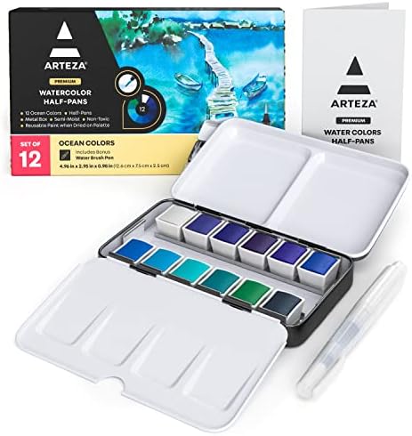 ARTEZA Watercolor Paint Set, 12 Earth Tones Half Pans, Watercolor Set with Brush, Semi Moist Water Colors ARTEZA