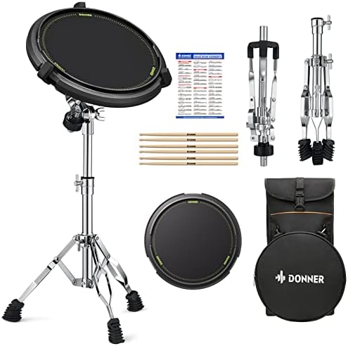 Donner Drum Practice Pad Stand Kit Snare Drum Stand with 12'' Marching Pad Silent Drum Pad, Drumsticks, Backpack Adjustable Stand Fits 10''-14'' Dia Drums(Black) Donner