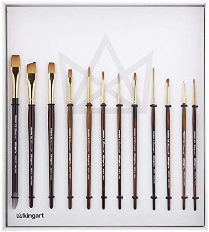 KINGART 1010F Premium 12 Pc. Finesse Series Watercolor Artist Brush Set, Synthetic Kolinsky Sable Blend, Assorted Short Handle Flats, Rounds, Liners, Gift Boxed Kingart