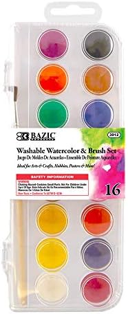 BAZIC 16 Color Watercolor & Brush, Washable Vibrant Coloring Painting Set Art Supplies, Non-Toxic Great for Kids Beginners Artist Professional, 1-Pack Bazic Products