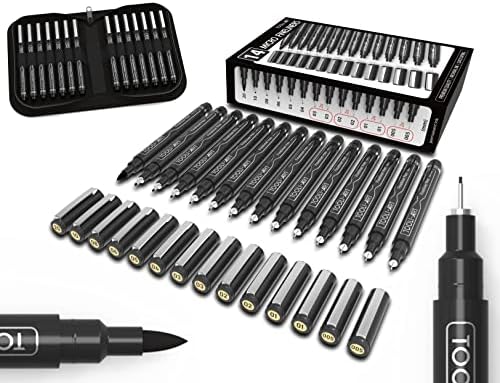 Micro-Line 14 Pens With Case, Fineliner, Multiliner, Archival Ink, Waterproof, Journaling, Illustration, Architecture, Technical Drawing, Outlining, Scrapbooking, Manga, Writing, Rock Painting Black TOOLI-ART