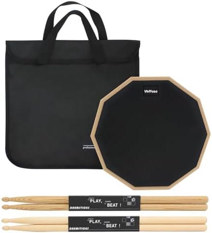 12 Inch Practice Drum Pad and Sticks, Beginner Snare Drum Pad with Drumsticks(2 pairs) and Carrying Bag, Double Sided Silent Drum Pad (Black) Vhffoso