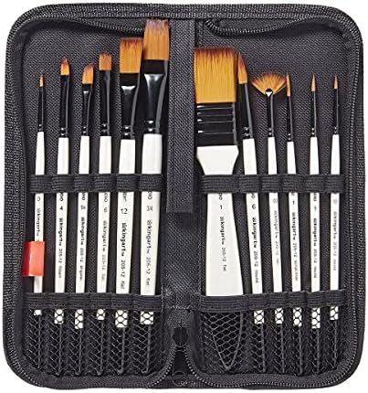 KINGART 205-12 ARTIST BRUSH SET with Carrying Case, 12 Short Handle Synthetic Hair Round, Flat & Fan Paintbrushes, Use for Oil, Acrylic and Watercolor Painting, 12 pc. Kingart