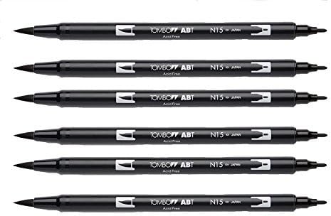 Tombow Dual Brush Pen, Black (66621) Pack of 6 pcs. Tombow