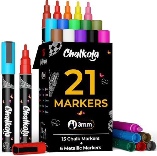 Chalkola Extra Fine Tip Chalk Markers for Blackboard & Glass (Pack of 21, 1mm Point) | Window Marker, Liquid Chalk Pens for Dry Erase Board, Car, Acrylic Calendar | Thin Chalkboard Markers Erasable Chalkola