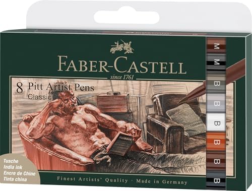 Faber-Castell Art & Graphic Pitt Artist Pen Brush India Ink Pen, Classic, Wallet Of 8, For Art, Craft, Drawing, Sketching, Home, School, University, Colouring Faber-Castell