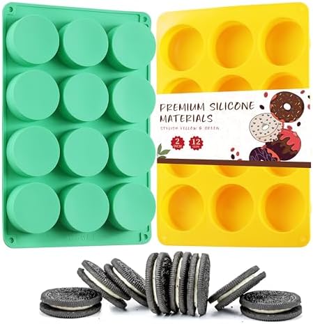 2PCS Oreo Molds Silicone, HIA Round 12-Cavity Oreo Chocolate Cookie Candy Silicone Mold, Baking Molds for Oreo, Chocolate, Cookie, Candy, Mini Cake, Jelly (Yellow+ Green) HAMMER IRON ALLEY