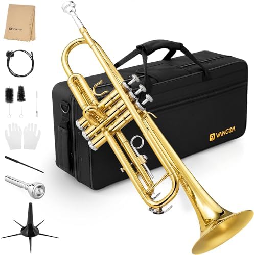 Vangoa Bb Trumpet Brass Standard Black Trumpet Instrument for Student School Band Orchestra Adult Kid Beginner with Hard Case, Stand, Cleaning Kit, White Gloves, Valve Oil and 7C Mouthpiece Vangoa