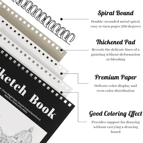 Sketch Book 9 ×12 inchs, Spiral Bound Sketch Pad 100 Sheets (68lb/100gsm), Acid-Free Sketchbook for Drawing Painting Sketching, Art Paper Drawing Supplies for Teens Adults Artists Prudiut