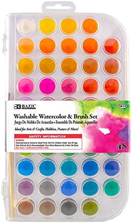 BAZIC Watercolor w/Brush & Mixing Palette, 48 Color Non-Toxic Paint Set, for Hobby Fun Art Supplies Vibrant Painting, Gift for Kids Artists, 1-Pack Bazic Products