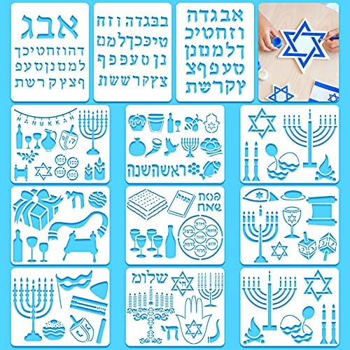 12 Pieces Hebrew Stencil Jewish Stencil Hebrew Plastic Stencil Hebrew Alphabet Letters Stencil Jewish Holidays Pictures Stencil 9.8 x 7.9 Inch Jewish Lettering Stencils for Painting Journaling Chinco