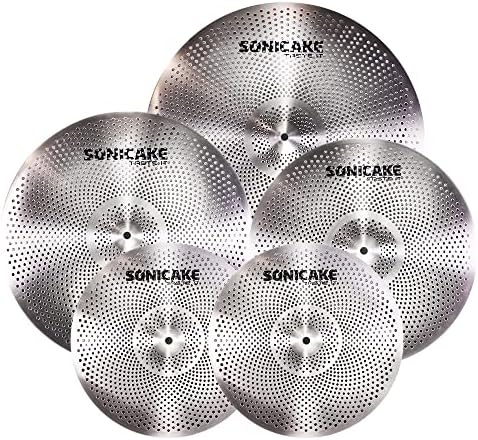 SONICAKE Low Volume Cymbal Pack Quiet Cymbal Set 14"Hi-hats+16"Crash+18"Crash+20"Ride 5 Pcs Mute Drum Cymbal Set Quiet Practice Cymbal, Golden SONICAKE