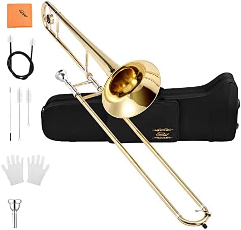 Eastar Bb Tenor Slide Trombone for Beginners Students, B Flat Brass Plated Trombone Instrument with Mouthpiece, White Gloves, Cleaning Kit, ETB-330, Golden Eastar